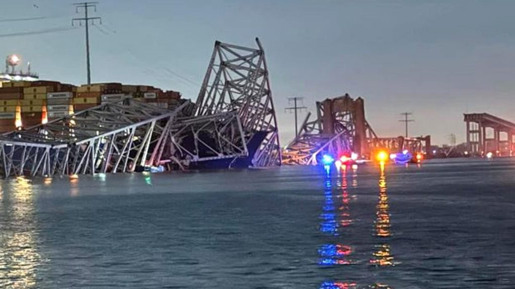 Bridge collapses in Baltimore as ship collides.